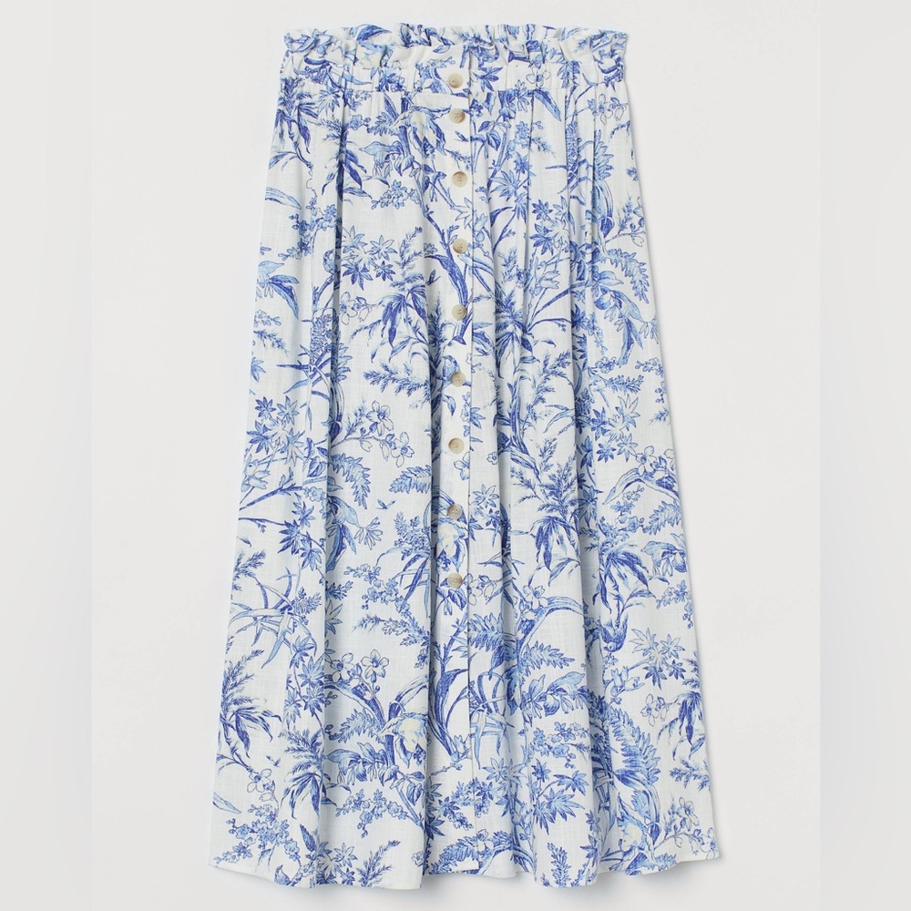 H&M Blue Toile Button-Front Midi Skirt